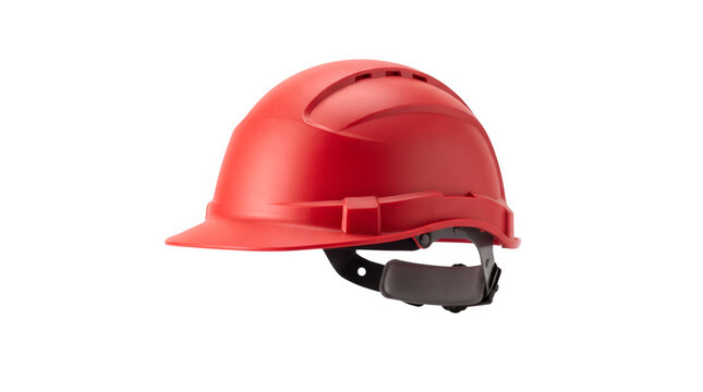Red hard hat on white background, industrial safety helmet for construction workers, protective headgear for site engineering