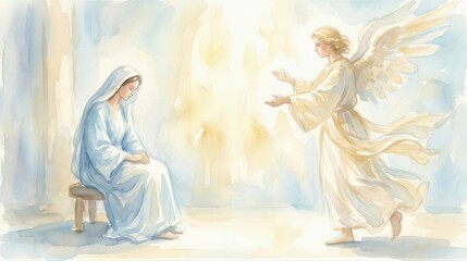 Naklejka premium Angel Gabriel appearing to woman Mary for annunciation. Watercolor illustration of biblical scene depicting divine message, holy event, Christian tradition and spiritual faith.