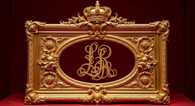 An ornate golden frame holding a royal monogram topped with a magnificent crown rests proudly inside a grand historical exhibition hall showcasing heritage items