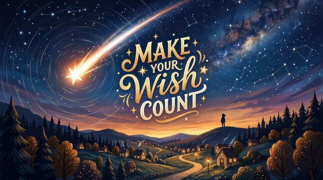 Magical night sky with shooting star, 'Make Your Wish Count' text and a lone figure overlooking a village