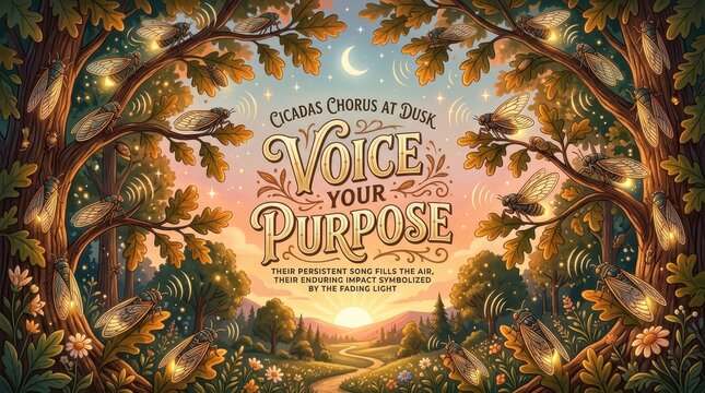 Magical evening scene with cicadas on trees, sun setting over a rolling landscape, and inspiring text "Voice Your Purpose"
