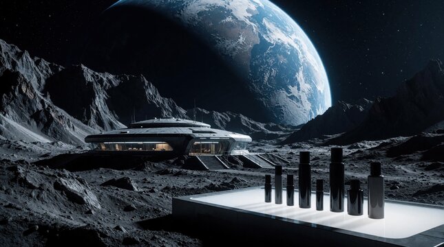 Futuristic moon base colony located on lunar surface with large Earth in dark space background. Advanced space station habitat sits near rocky mountains, craters. Minimalist cosmetic product bottles