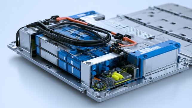 Modern solid state battery cell stack with precise engineering detail  electrical hardware  front product angle  high