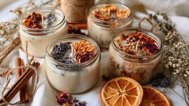 Handmade soy candles with dried flowers in glass jars arranged on white linen with botanical elements and natural lighting, flat lay photography