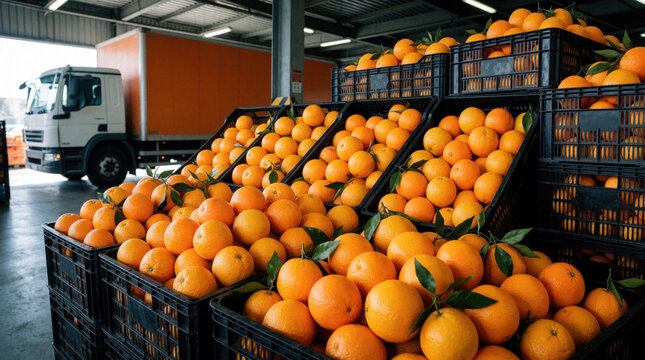 Fresh ripe oranges in black plastic crates stacked in warehouse. Large delivery truck waits in background for cargo transport. Citrus fruit shipment ready for distribution in logistics center.
