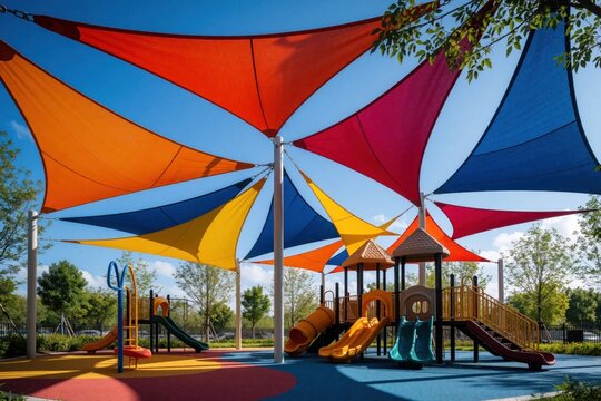 Colorful triangular shade sails stretch over a modern playground with slides and climbing structures. Bright sun shines on outdoor kids play area. Blue sky forms backdrop.