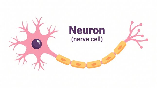 Educational illustration of a human neuron nerve cell structure on a plain white background with transmission