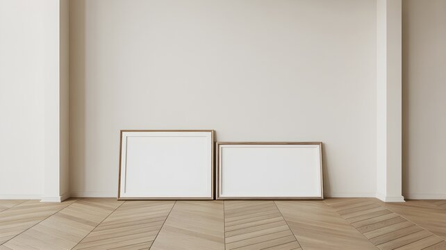 Two empty wooden frames leaning against a wall