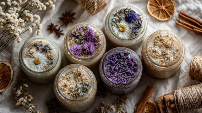 Handmade soy candles with dried flowers in glass jars arranged on white linen with botanical elements and natural lighting, flat lay photography