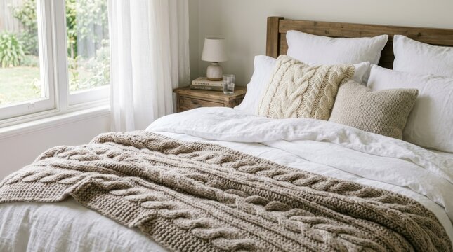 Cozy Bedroom Retreat: A beautifully made bed with crisp white linens is adorned with a chunky knit throw blanket and plush pillows, inviting relaxation and comfort in a serene bedroom setting.