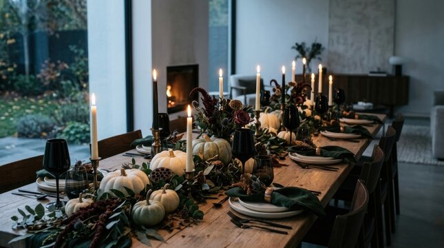 Harvest Celebration Table Setting: A long, rustic wooden table is elegantly adorned for a harvest feast, featuring a lavish centerpiece of pumpkins, gourds, dark florals.