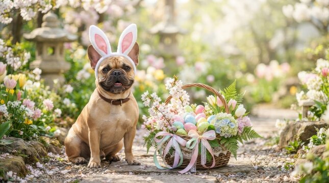 Easter French Bulldog in Garden: A charming French bulldog adorned with bunny ears sits attentively beside an Easter basket filled with colorful eggs and flowers.