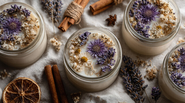 Handmade soy candles with dried flowers in glass jars arranged on white linen with botanical elements and natural lighting, flat lay photography