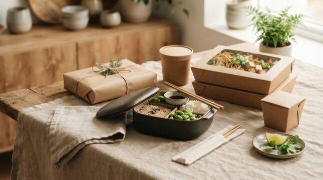Table full of food: A rustic wooden table is laden with various takeout food containers, including bento boxes, noodle boxes, and small cups.