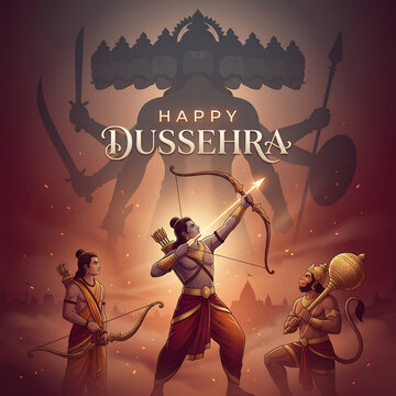 Illustration of warriors with bow and mace for dussehra celebration