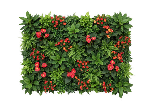 A vibrant vertical garden wall featuring lush green foliage and bright red flowers isolated against a solid black background for modern interior design