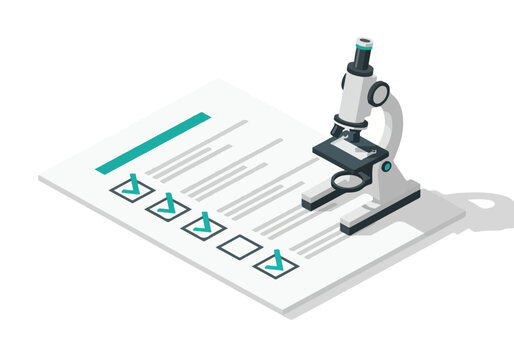 Isometric Microscope on Research Document with Checkbox List
