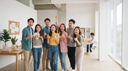 Obraz premium Group of Young Adults Celebrating Success in Modern Office Space with Thumbs Up and Happy Expressions in Bright and Welcoming Interior