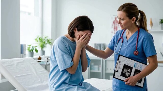 Doctor comforting crying female patient after bad ultrasound results in clinic