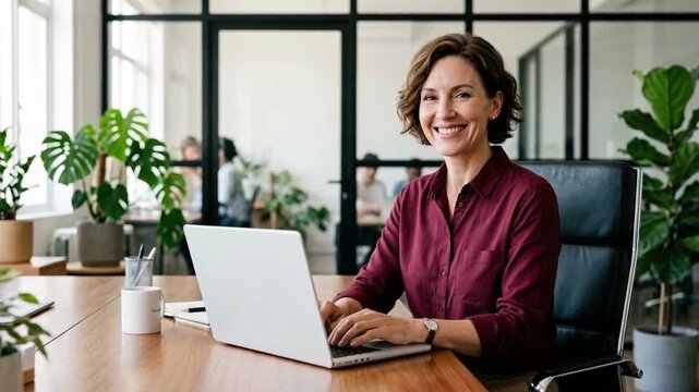 Smiling mature female executive looking at camera while working on laptop in modern corporate office