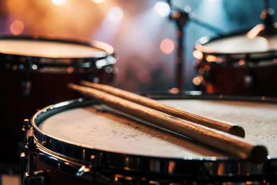 Wooden drumsticks rest on snare drum head in macro shot. Close up percussion instrument with warm stage bokeh background. Music equipment ready for live concert, jazz performance rock band gig in