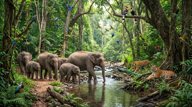 Diverse Wildlife in Tropical Jungle with Elephants, Tigers and Exotic Birds