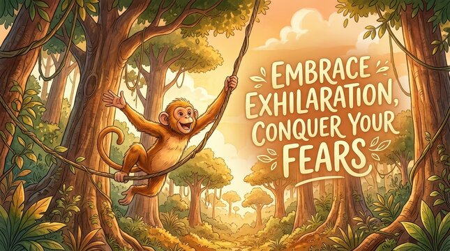Joyful Monkey Swinging on a Vine in a Lush Jungle Forest with Inspirational Text About Embracing Exhilaration and Conquering Fears