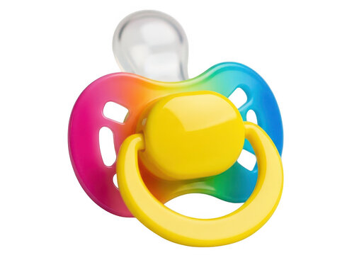 A vibrant rainbow colored baby pacifier featuring a clear silicone nipple and a bright yellow handle isolated against a clean white studio background