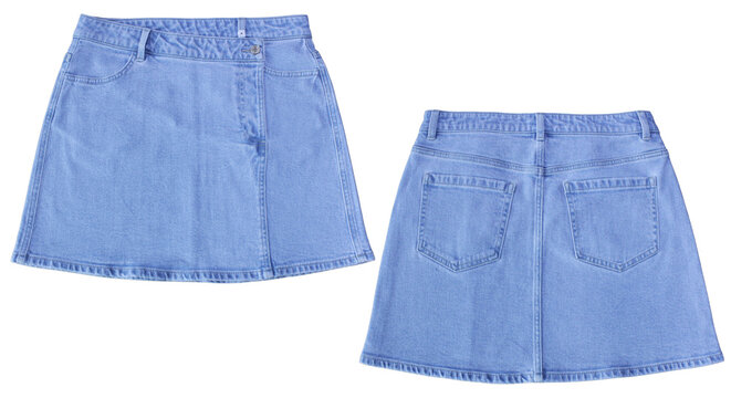 Ladies Denim Jeans Skirt Dark indigo denim skirt with front button details isolated on a clean background for contemporary clothing e-commerce and retail stock