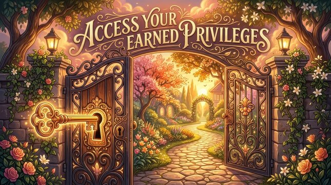Magical ornate gate with golden key, unlocking access to a secret garden paradise, representing earned privileges and exclusive opportunities.