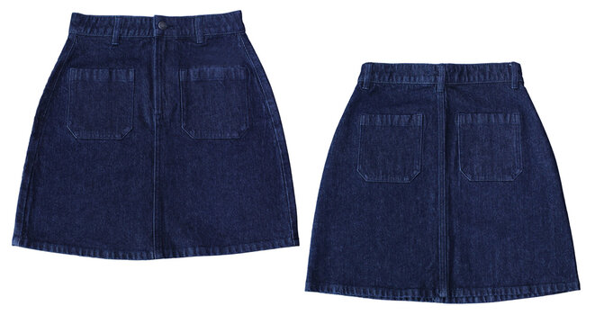 Ladies Denim Jeans Skirt Light wash denim skirt featuring front and pocket details isolated on a white background for women fashion and apparel marketing
