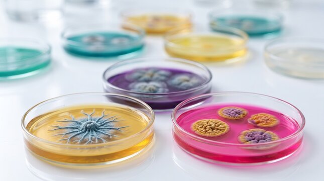 Petri dishes with colorful agar and fungal cultures on a white laboratory table surface with agar gel