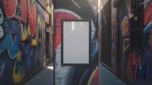Vertical blank picture frame on a graffiti brick wall in an alleyway