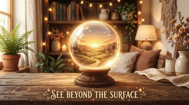 Magical crystal ball showing a serene landscape at sunset, with glowing lights and a cozy interior, symbolizing foresight and destiny