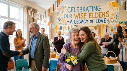 Obraz premium Diverse group of adults and seniors celebrating at an indoor community event with colorful banners