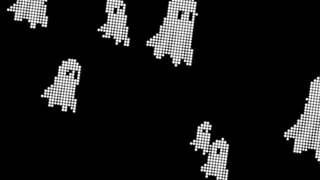 small cute ghosts flying over black background stylized in small dots pattern like pixels. Halloween themed animation