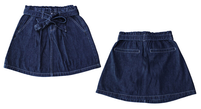 Ladies Denim Jeans Skirt Casual blue denim skirt product display featuring dual angles isolated on a white background for fashion and apparel e-commerce websites