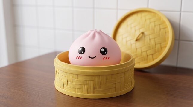 A cute pink dumpling toy with a smiling face sitting inside a small woven bamboo steamer basket with cheerful