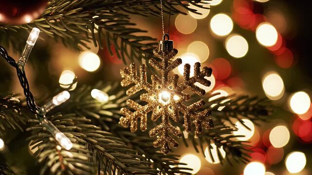 Close-Up of Warm Christmas Tree Branches with Star Snowflake Ornament and Fairy Lights