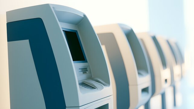 Modern ATM machine in bank lobby row, automated teller machine for banking services, self service financial terminal line