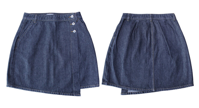 Ladies Denim Jeans Skirt Dark blue denim skirt with side button detail showcasing front and back views isolated on a white background for clothing design presentation