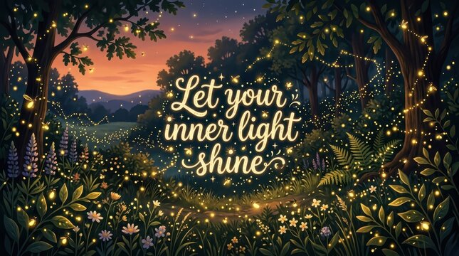 Magical forest at dusk with fairy lights, fireflies, and inspiring quote 'Let your inner light shine', enchanting nature scene