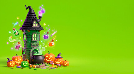 Fototapeta premium Whimsical Halloween witch lab with pumpkins and potions on a bright green background