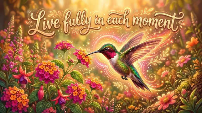 Magical hummingbird feeding on vibrant flowers, surrounded by golden light and a motivational quote "Live fully in each moment".