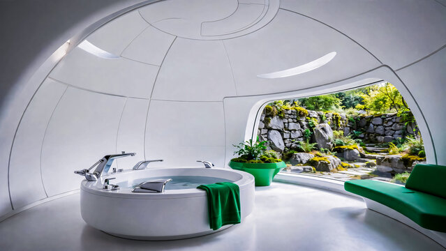 Salle de bain contemporaine avec vue sur le jardin