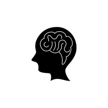 This is a minimalist vector illustration of a Brain icon, featuring a simple, clean, and solid glyph style. The icon can be used as a symbol, sign, or logo.