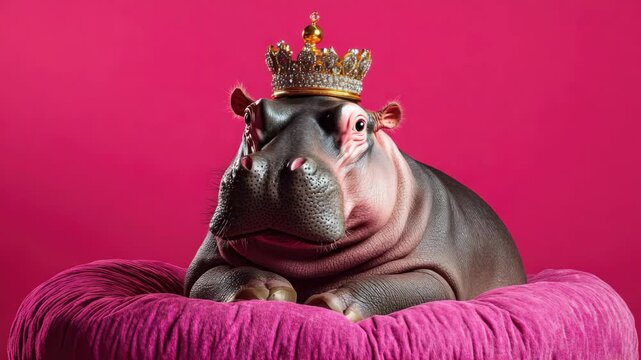 Majestic Hippo Wearing a Gold Crown on a Pink Cushion