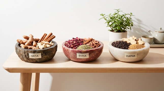 Ayurvedic Three Doshas balance concept with herbs and spices for Vata, Pitta, Kapha