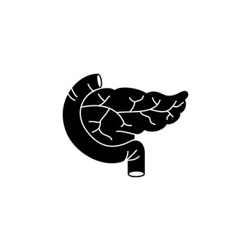 This is a minimalist vector illustration of a Pancreas icon, featuring a simple, clean, and solid glyph style. The icon can be used as a symbol, sign, or logo