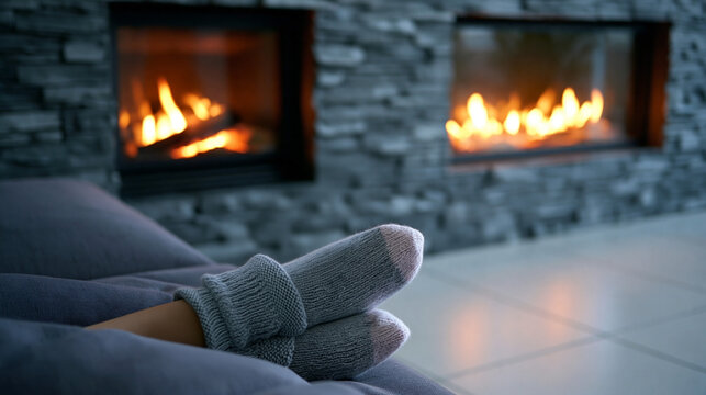 Cozy feet in knitted wool socks relaxing by two warm burning fireplaces in a modern home interior